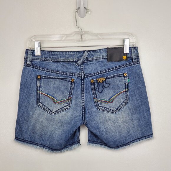 MEK DNM Light Wash Paros F.X.H. Frayed Hem Low-Rise Denim Jean Shorts Size 24 - Picture 5 of 16